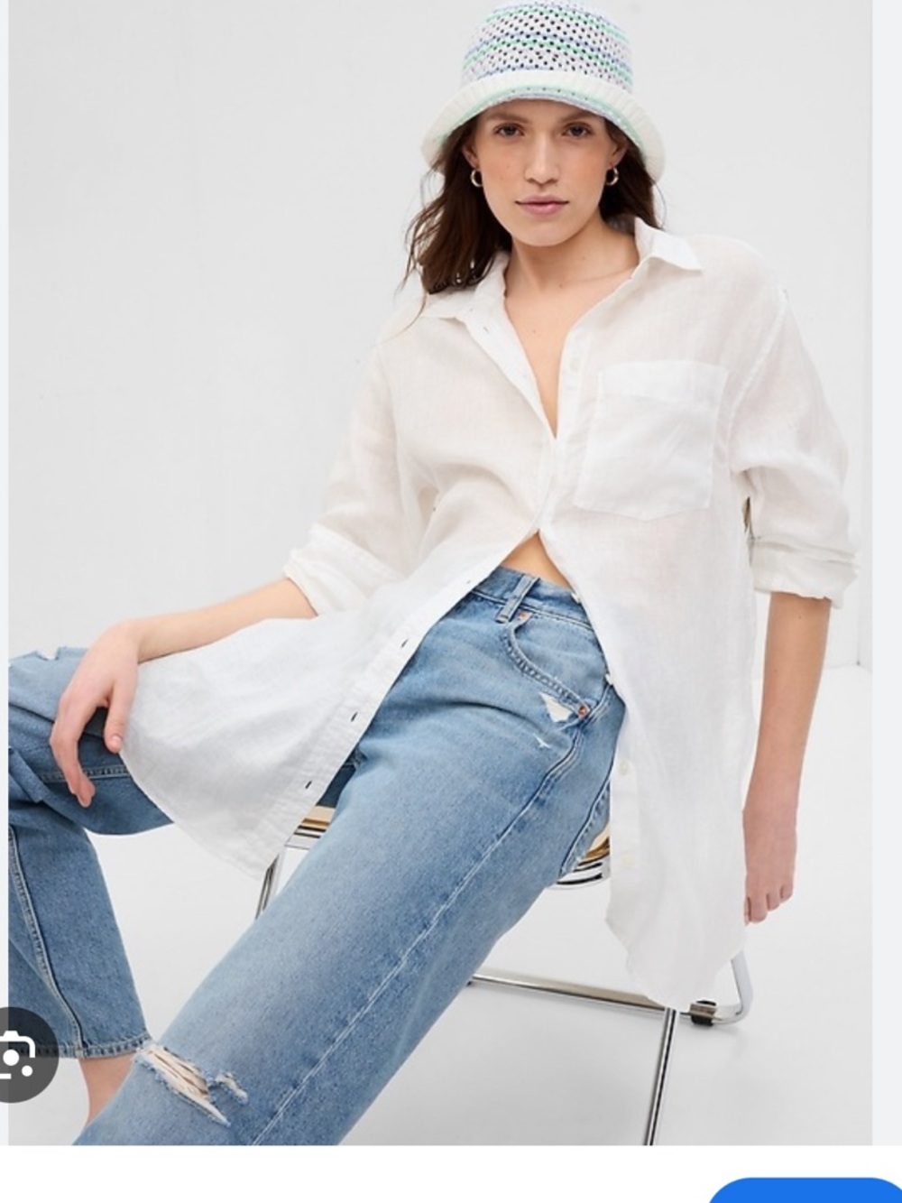 GAP 100% Linen Weekend Tunic Button Down Shirt White XS Oversized Coastal Beach